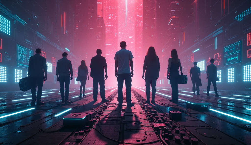 sci fi theme, people walking on a Electronic street, Design by DJ NeonPulse.
