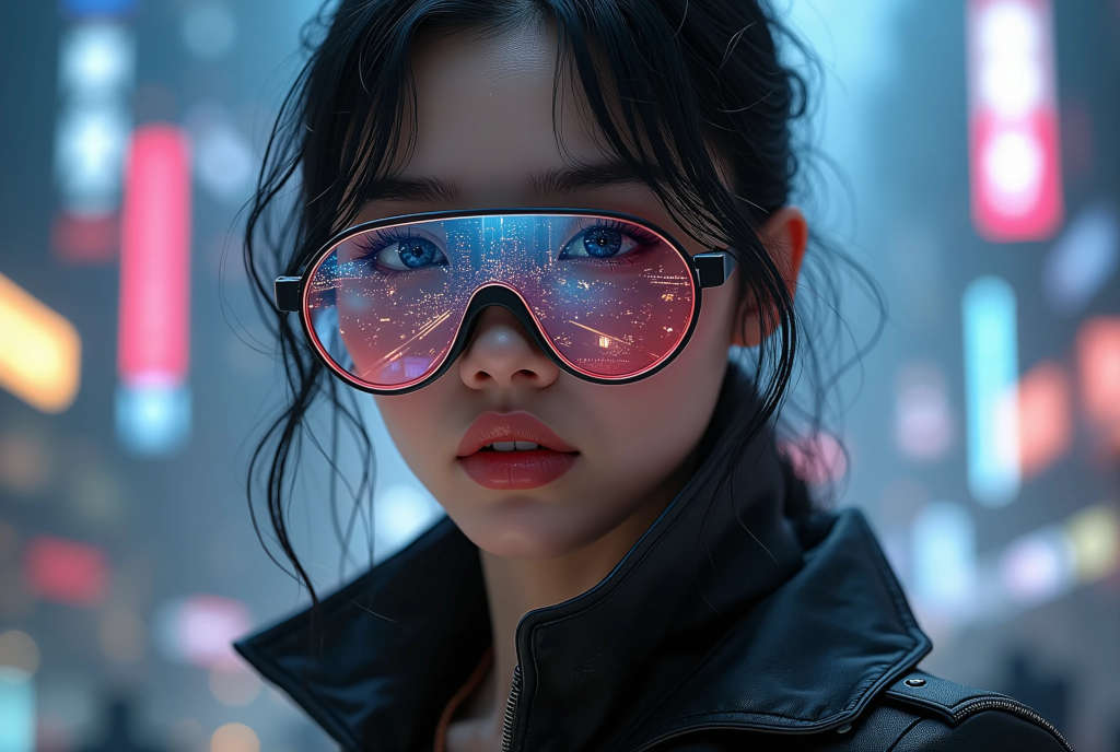 A beautiful female young adult with blue eyes, dark hair and reflecting modern glasses looking at the viewer. Design by IndoPhere.